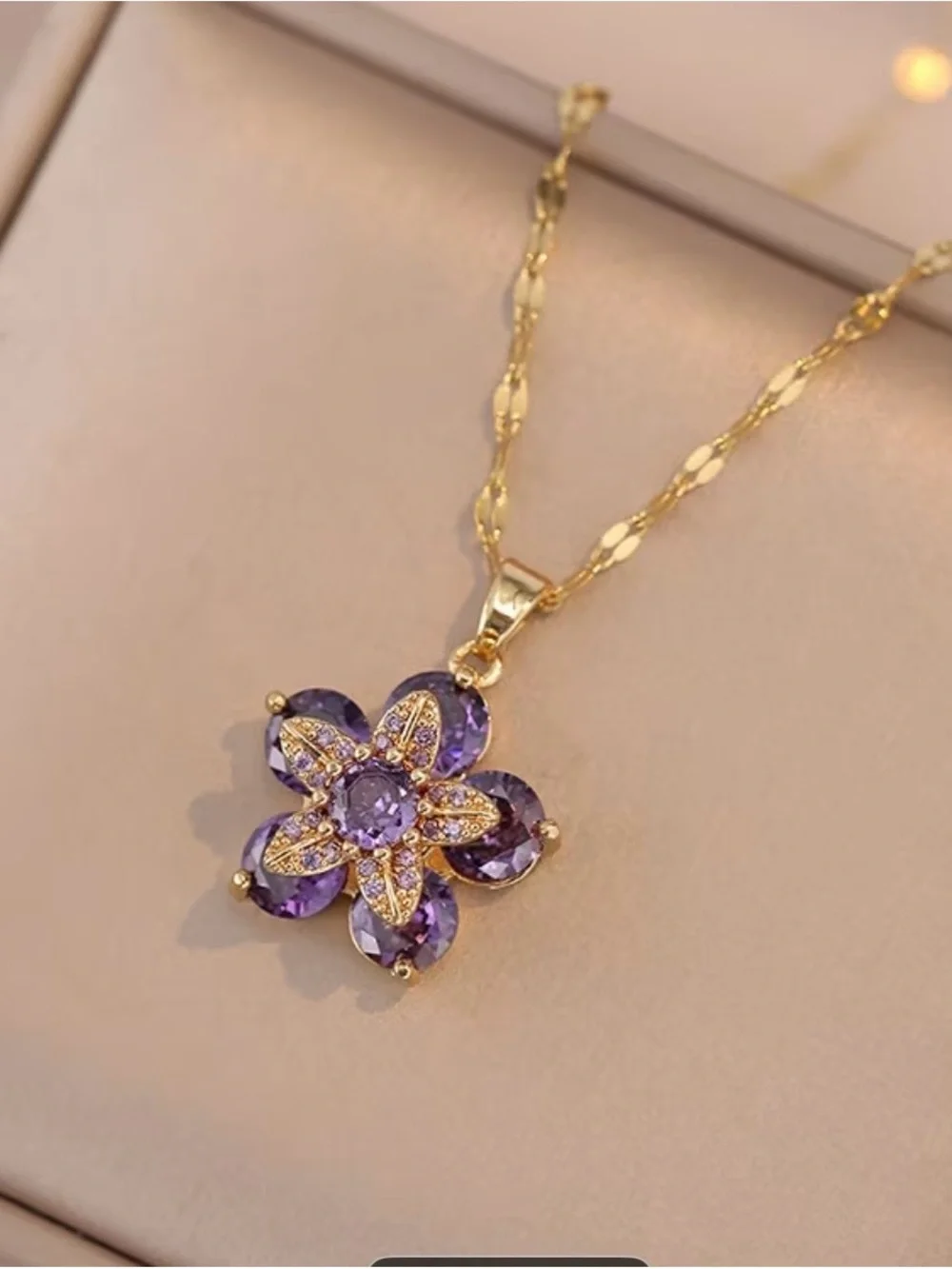 Gorgeous Gold and Purple Gemstone Flower Pendant Necklace - Picture 3 of 8